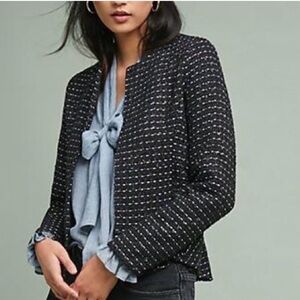 Dolan Anthropologie tweed jacket peplum hem black blue white metallic thread